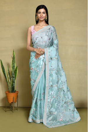 Ice Blue satin silk embroidered saree with blouse N7266D