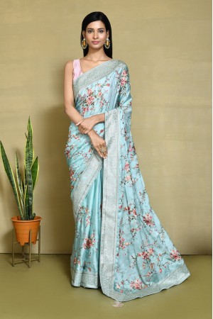 Ice blue silk embroidered saree with blouse N7476D