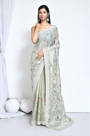 Light green satin silk embroidered saree with blouse N7266C