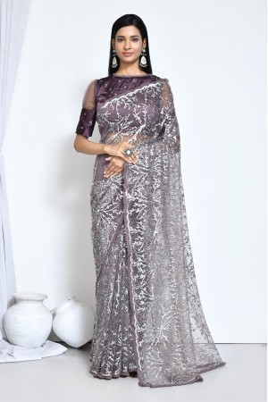 Mauve net sequins embroidered saree with blouse N8117