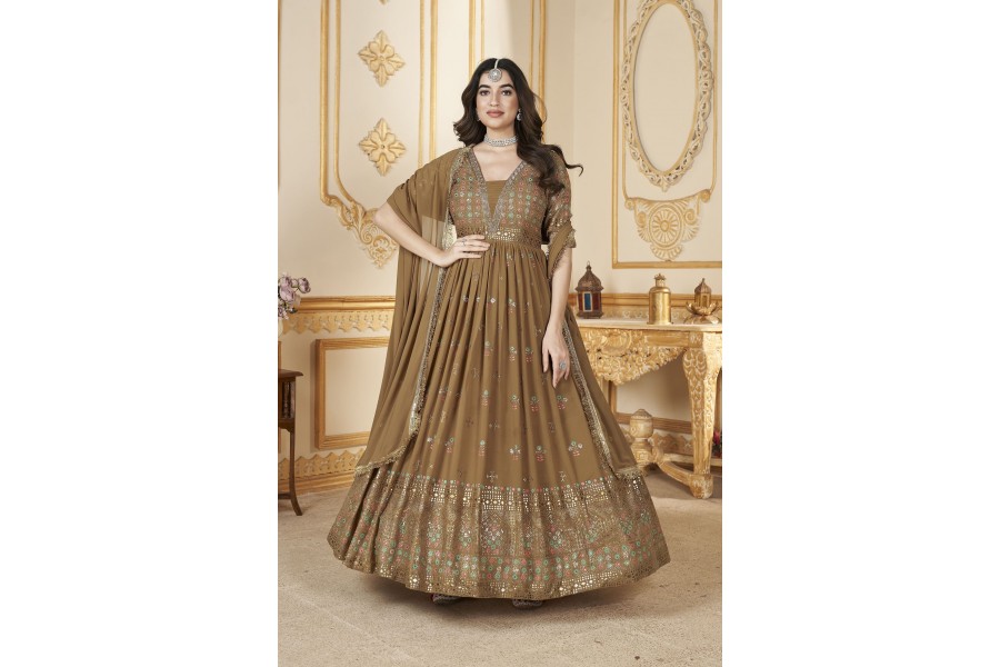 Georgette Mustard Yellow Embroidered Indian Long Anarkali Dress
