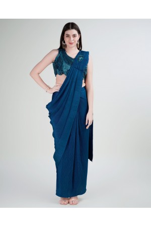 Stitched Saree with blouse in Teal blue colour KAT201
