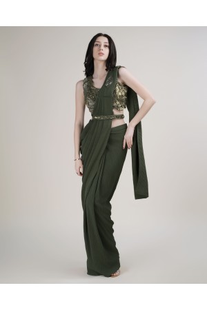 Stitched Saree with blouse in Green colour KAT201