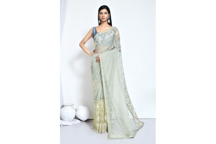 Floral medley Saree gown - Pastel green