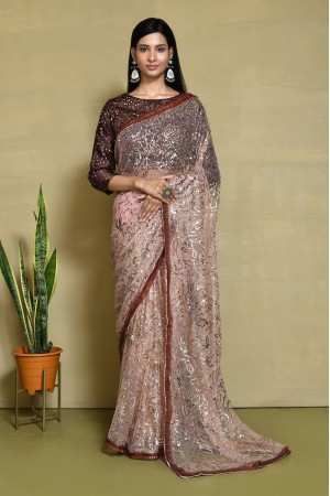 Peach net sequins embroidered saree with blouse N8118