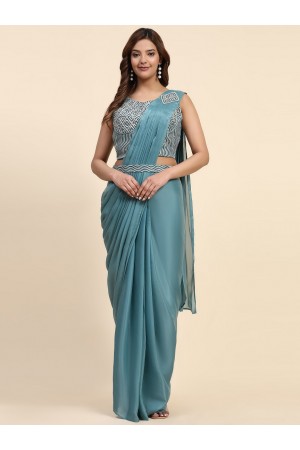 Stitched Saree with blouse in blue colour A329