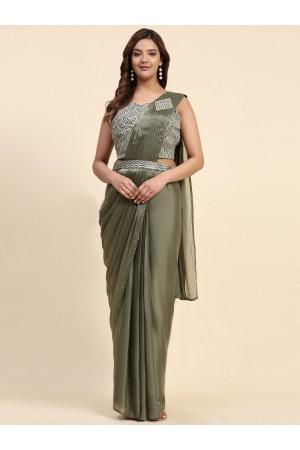 Stitched Saree with blouse in green colour A329