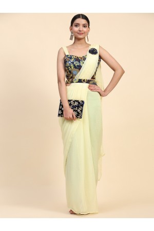 Stitched Saree with blouse in Light Yellow colour A306