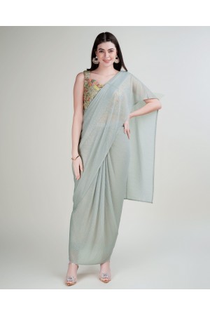 Stitched Saree with blouse in pastel green colour KAT215