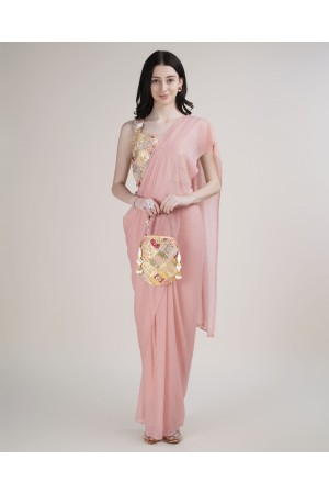 Stitched Saree with blouse in peach colour KAT215