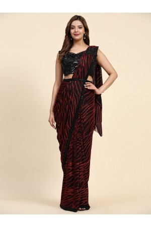 Stitched Saree with blouse in red and black colour A332