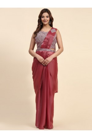 Stitched Saree with blouse in reddish pink colour A329