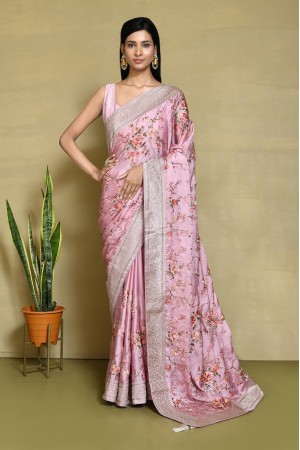 Rose satin silk embroidered saree with blouse N7476A