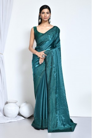 Teal Green satin silk stone work saree with blouse N8141A