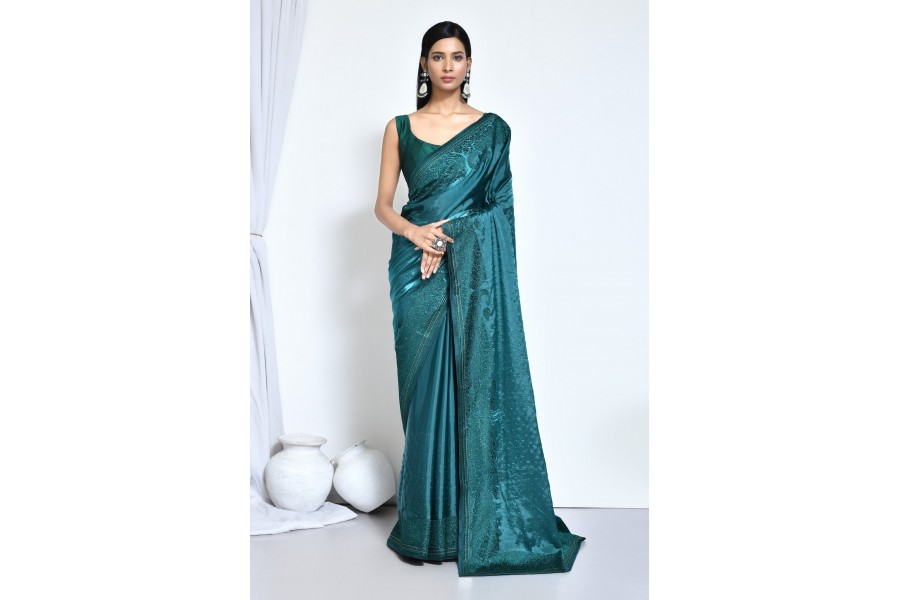 Women's Satin Silk Teal green Solid Designer Saree With Blouse Piece