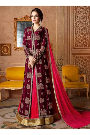 Wine and fuschia color georgette and silk wedding lehenga kameez