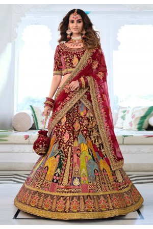 Maroon velvet embroidered bridal lehenga choli 996