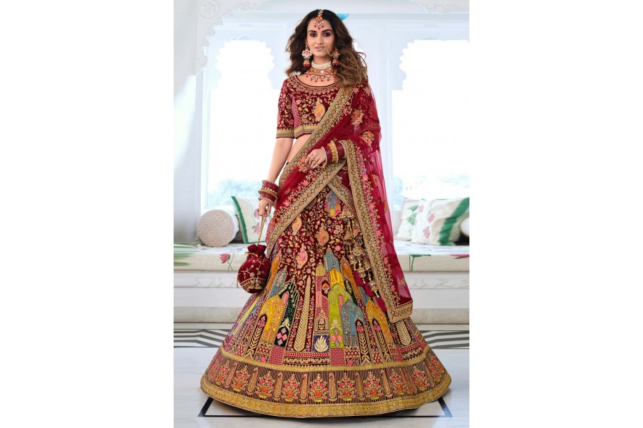 Trendy Maroon Velvet Embroidered Wedding Lehenga Choli