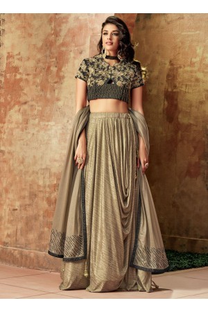 Indian wedding Beige and gold lycra wedding lehenga 7719