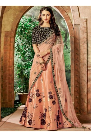 Indian wedding peach and maroon silk wedding lehenga 7704