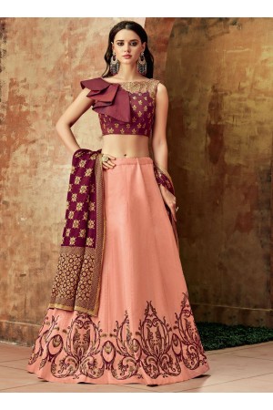 Indian wedding peach and maroon silk wedding lehenga 7707