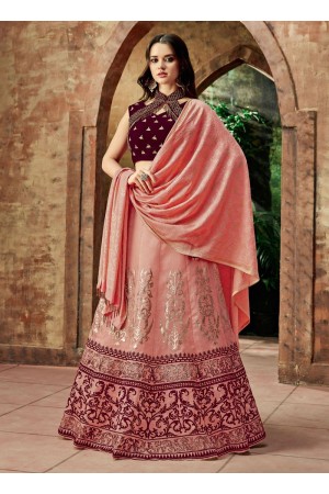 Indian wedding pink and wine silk wedding lehenga 7718