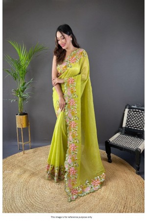 Bollywood Model Parrot green glossy silk designer saree