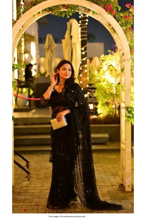 Bollywood Model Black Net sequins embroidered saree