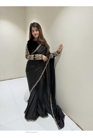 Bollywood Model black velvet embroidered moti work party wear saree