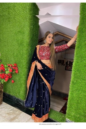 Bollywood Model blue and red velvet sequins embroidered wedding wear saree
