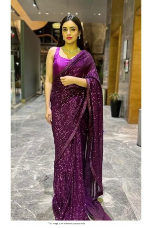 Bollywood Model Deep Purple georgette sequins embroidered saree