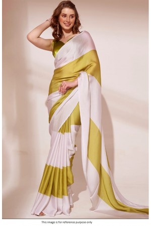 Bollywood Model White and Lime green Satin digital print saree