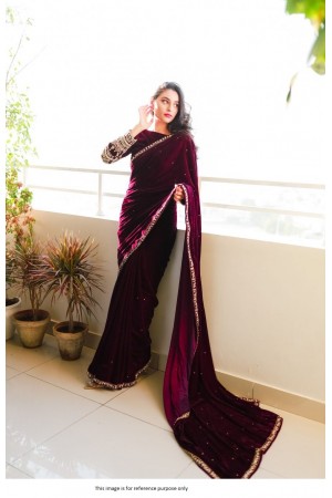 Bollywood Model Wine velvet embroidered moti work party wear saree