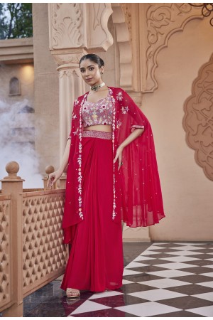 Indian wedding organza crop top cape suit in Red colour 2875