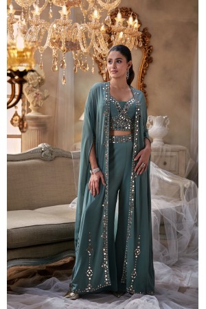 Indian wedding dress georgette silk crop top cape palazzo in bluish grey colour 2467