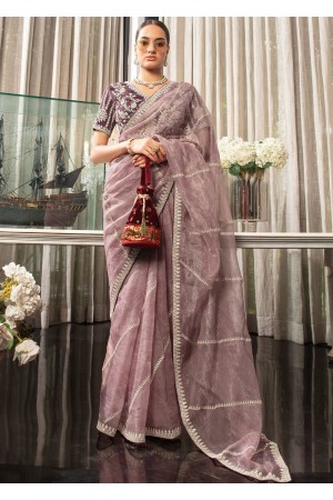 Mauve Pink thread embroidered wedding saree with blouse 84306