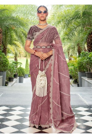 Mauve Pink thread embroidered wedding saree with blouse 84308