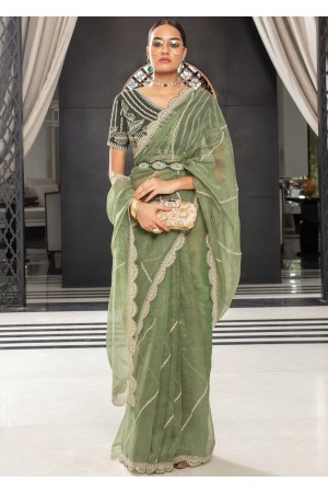 Mint green Organza thread embroidered wedding saree with blouse 84304