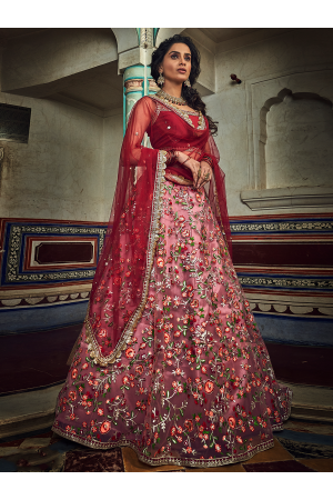 Indian Dress Peach and red Color Bridal Lehenga 3503