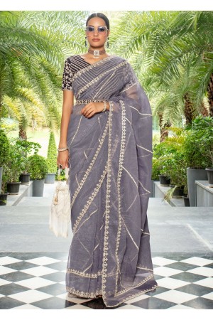 Purple thread embroidered wedding saree with blouse 84307