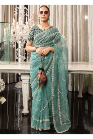 Turquoise Organza thread embroidered wedding saree with blouse 84305