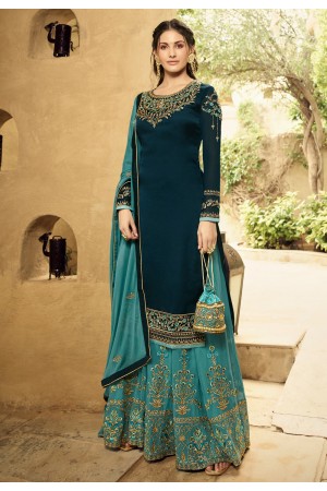 Blue satin embroidered kameez with palazzo 5405