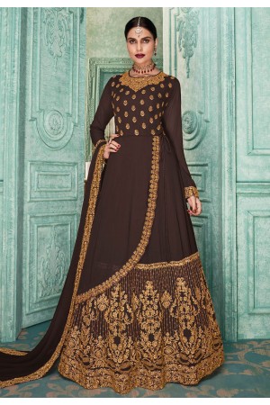 Brown faux georgette embroidered layared anarkali suit SJ86