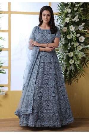 Gray net embroidered ankle length anarkali suit 4205