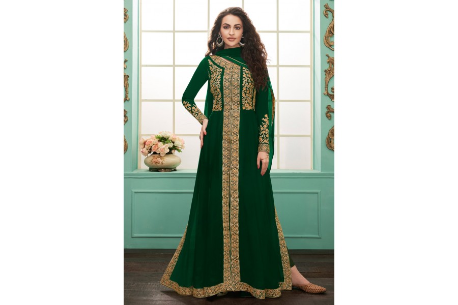Bottle Green Faux Georgette Pant Straight