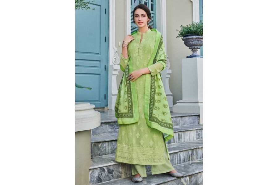 Bottle Green Pant style Straight Faux Georgette