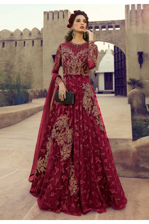 Magenta net embroidered abaya style anarkali suit 5505A