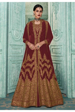 Maroon faux georgette embroidered jacket style suit SJ81