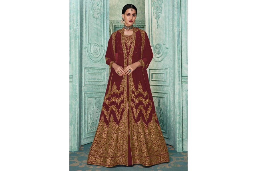 Women's Maroon Faux Georgette Embroidered Straight Kurta Pant With Dupatta