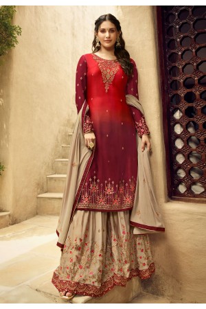 Maroon satin embroidered palazzo suit 5406